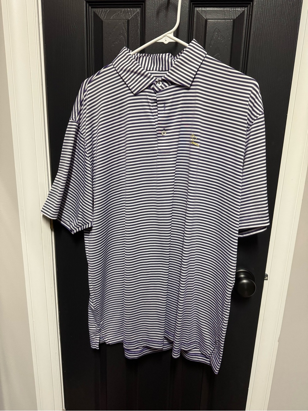 Rhoback Purple & White Striped Polo with Small Yellow Logo